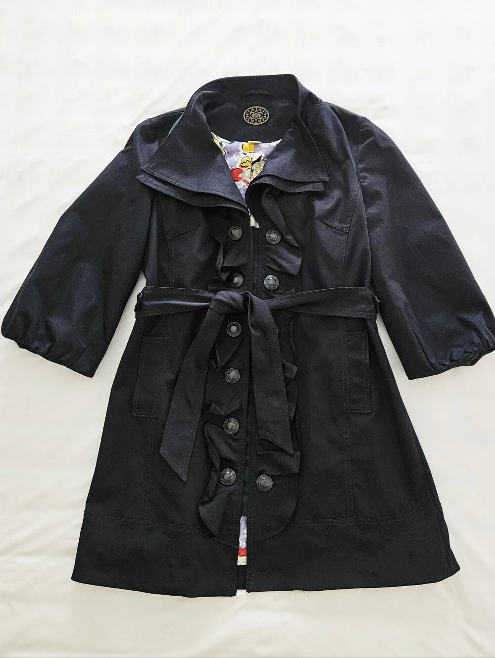 Anthropologie Idra Whimsy Ruffle Belted Trench Coat Navy Blue Size 2